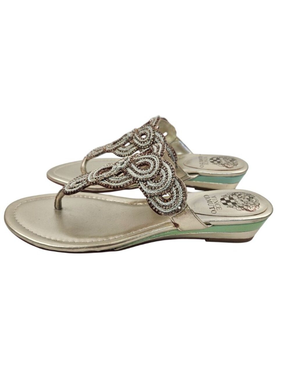 Vince Camuto Sandals Womens Size 7.5 Gold Leather Embellished Slip On Shoes - Picture 4 of 12